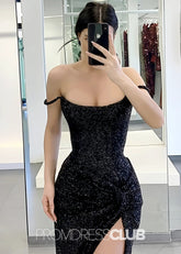 Gustave |Long Black Prom Dresses Near Me With Sheath Off the Shoulder Sequins Split - Price #price_variant_lowest# - Black - PromDressClub